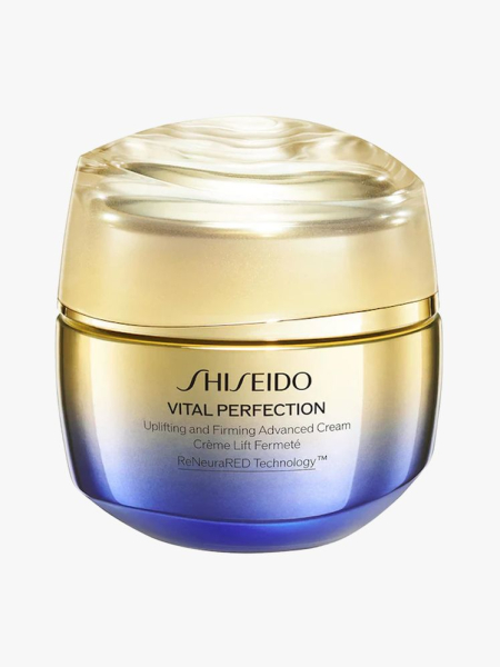 Shiseido Vital Perfection Uplifting and Firming Advanced Cream in branded tub component on a light gray background